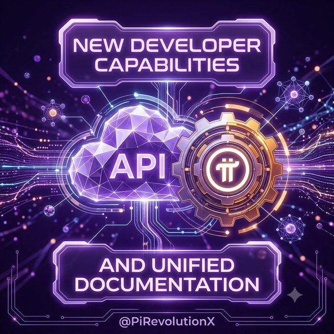 A futuristic purple graphic announces "NEW DEVELOPER CAPABILITIES" and "AND UNIFIED DOCUMENTATION," featuring a glowing cloud labeled "API" alongside the Pi symbol encased in a mechanical gear, with the handle "@PiRevolutionX" at the bottom. The image visually reinforces the post's announcement of Pi Network's newly launched developer tools and unified docs aimed at empowering builders to create more apps on the Pi ecosystem.