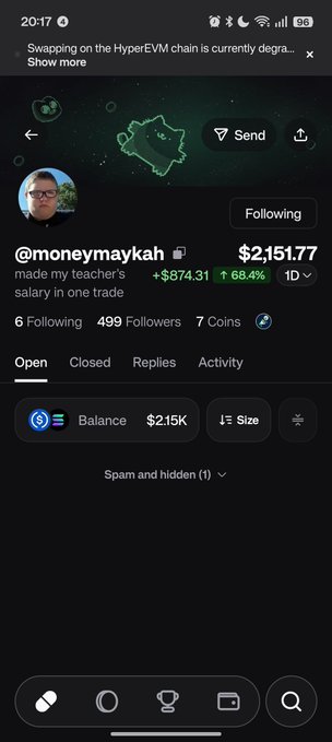 A screenshot of a social media profile for @moneymaykah, showing a balance of $2,151.77 and a post titled "made my teacher's salary in one trade" with a gain of +$874.31 (68.4%).