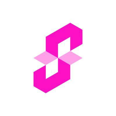 A bright pink geometric logo featuring an interlocking design is displayed on a white background.