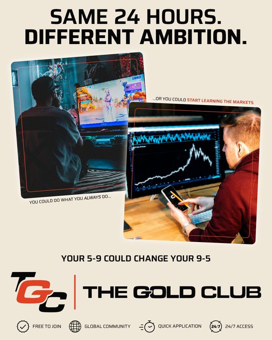 A promotional graphic for 'The Gold Club' featuring the text 'SAME 24 HOURS. DIFFERENT AMBITION.' and 'YOUR 5-9 COULD CHANGE YOUR 9-5', contrasting a gamer with someone studying stock charts, and listing features like 'FREE TO JOIN' and '24/7 ACCESS'.