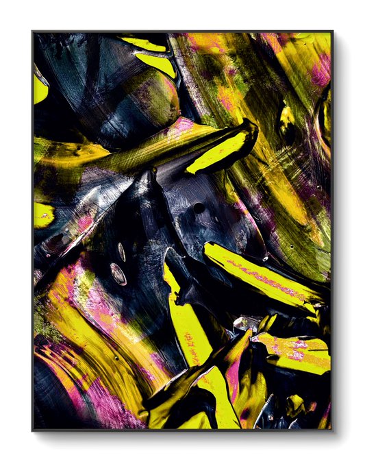 An abstract painting featuring textured brushstrokes in vibrant shades of yellow, black, and pink, mounted on a white background.