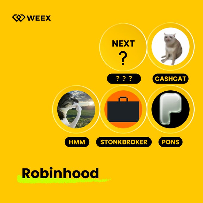 A yellow WEEX app interface graphic showing category circles labeled 'NEXT ?', 'CASHCAT', 'HMM', 'STONKBROKER', and 'PONS' above the underlined name 'Robinhood'.
