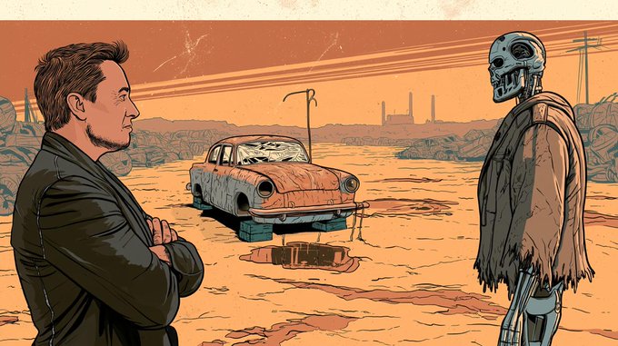 A man in a suit stands with arms crossed facing a skeletal cyborg figure in a post-apocalyptic desert landscape, with a dilapidated vintage Checker car parked between them in a barren wasteland under an orange sky, evoking a dystopian NFT drop moment as the collection goes live on OpenSea.