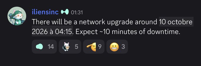 A Discord message from user 'iliensinc' announcing a network upgrade around October 10, 2026 at 04:15, with an expected 10 minutes of downtime, receiving 14 comments, 5 reactions, 9 megaphones, and 3 surprised emojis.