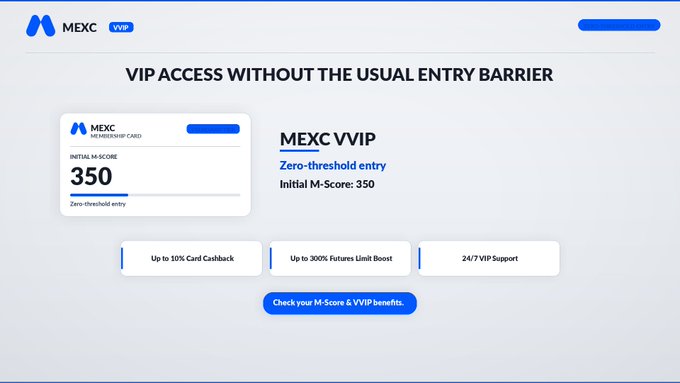 A MEXC VIP promotional page advertising 'VIP ACCESS WITHOUT THE USUAL ENTRY BARRIER' with an Initial M-Score of 350 and benefits including up to 10% card cashback, 300% futures limit boost, and 24/7 VIP support.