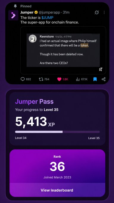 A screenshot shows a pinned tweet from @jumperapp announcing the ticker "$JUMP" as a "super-app for onchain finance," accompanied by the user's Jumper Pass stats showing 5,413 XP at Level 34, progressing toward Level 35, with a leaderboard rank of 36 and a March 2023 join date.