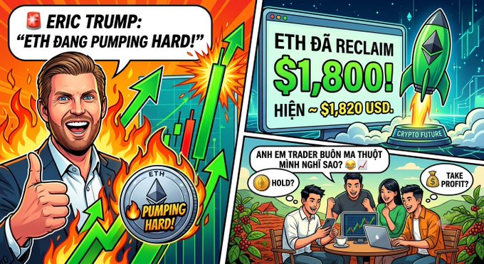 A comic-style crypto promotional graphic featuring Eric Trump saying 'ETH BANG PUMPING HARD!' alongside headlines reading 'ETH ĐÃ RECLAIM $1,800!' and 'HIỆN ~ $1,820 USD,' with Vietnamese text asking 'HOLD?' and 'TAKE PROFIT?' while cartoon traders discuss the situation.
