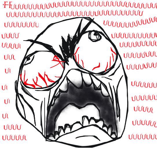 A black and white rage comic-style illustration of a furious face with bloodshot eyes and a wide screaming mouth, surrounded by red wavy lines representing anger.