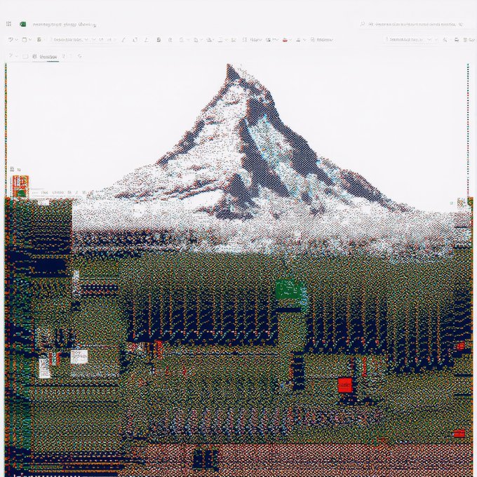 A glitchy, pixelated image showing a snow-capped mountain peak above a landscape of green and red digital artifacts.