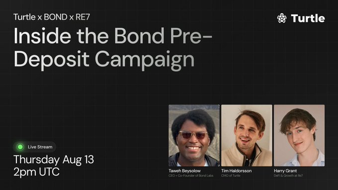 A promotional graphic for a "Turtle x BOND x RE7" livestream titled "Inside the Bond Pre-Deposit Campaign," featuring headshots of CEO & Co-Founder Taweh Beysolow, CRO Tim Haldorsson, and Harry Grant, scheduled for Thursday, Aug 13 at 2pm UTC. The image aligns with the post by highlighting the upcoming live stream discussion about the Bond pre-deposit campaign and vault deposits.
