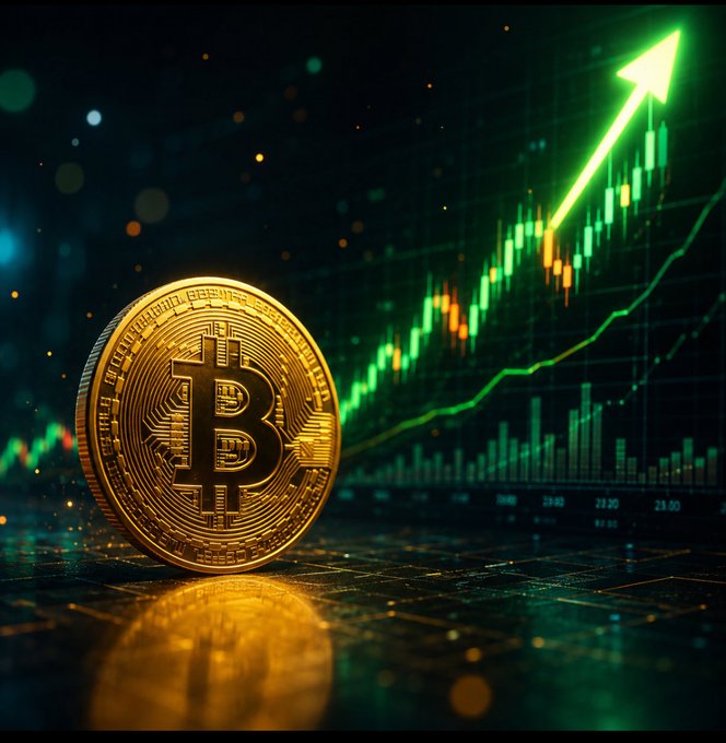 A golden Bitcoin coin stands prominently in the foreground, with a glowing green upward-pointing arrow and rising candlestick chart behind it, symbolizing Bitcoin's strong rally to the $66.5K level ahead of the FOMC meeting. The image visually reinforces the post's message of bullish momentum and anticipation of a potential significant move following the upcoming FOMC minutes release.
