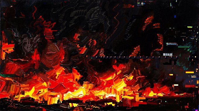 An abstract painting with thick brushstrokes depicts a chaotic scene dominated by fiery orange, red, and yellow hues against a dark background.