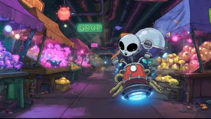 An illustrated alien character with large black eyes rides a red hover bike through a neon-lit market area with a 'GROP' sign overhead.
