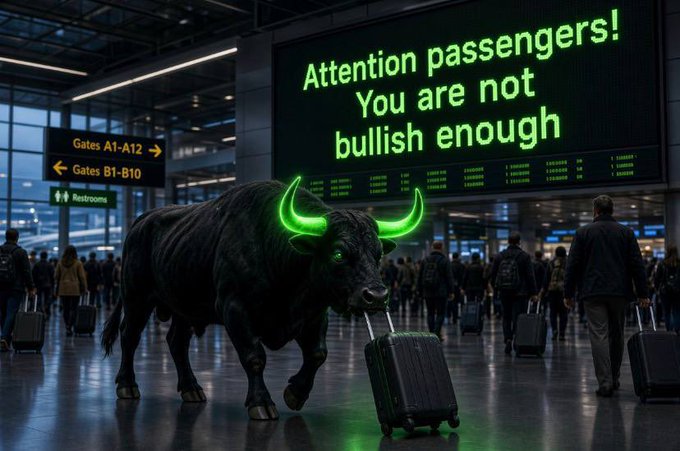 A digital artwork showing a black bull with glowing green horns pulling a suitcase through an airport terminal, with a sign reading 'Attention passengers! You are not bullish enough' and gates A1-A12, B1-B10 visible.