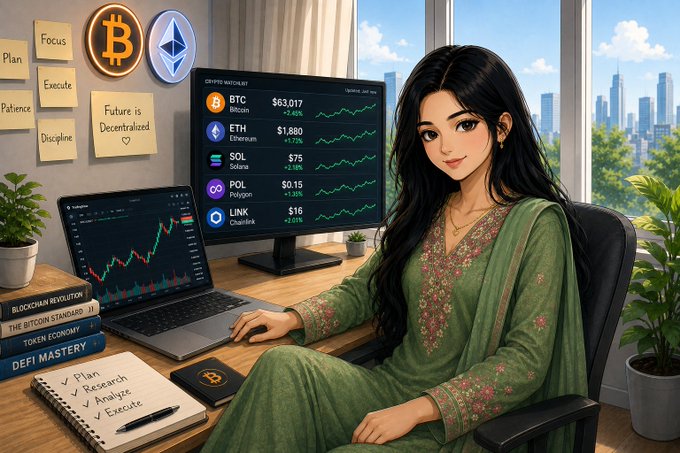 An anime-style illustration of a woman in green traditional attire sitting at a desk with crypto charts displayed on her monitor showing BTC, ETH, SOL, POL, and LINK prices.