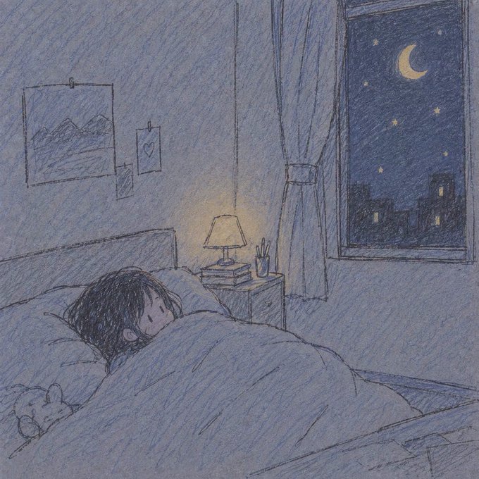 A colored pencil illustration of a child sleeping peacefully in bed under a blanket, with a warm bedside lamp illuminating the room and a crescent moon visible through the window.