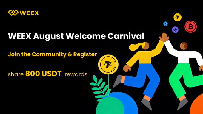 The image is a WEEX promotional banner for the "August Welcome Carnival," featuring colorful illustrations of two people celebrating alongside cryptocurrency coin icons, with text promoting an 800 USDT reward giveaway for community members who join, register, and complete check-in activities as detailed in the accompanying post.
