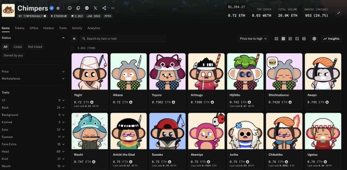 A screenshot of the Chimpers NFT marketplace on OpenSea showing a collection of 3,893 items with cartoon monkey characters in samurai attire, priced around 0.72-0.75 ETH each.