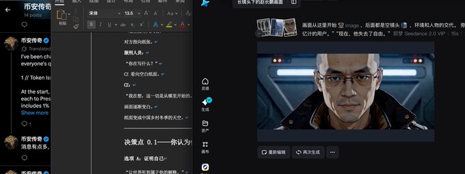 A screenshot of a Chinese social media platform (likely Weibo) showing a post about an interactive video project with an AI-generated image of a man with glasses and gray hair, alongside text discussing the "Swordence 2.0" card game update and its features.