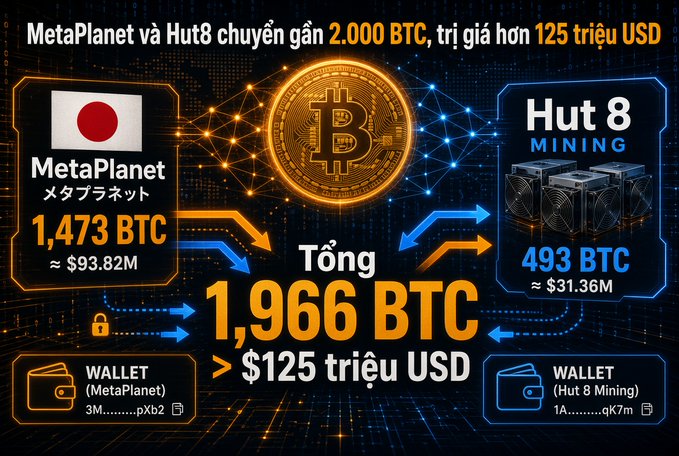 Vietnamese-language infographic about Bitcoin showing MetaPlanet and Hut 8 together transferred nearly 2,000 BTC (worth over $125 million USD), with MetaPlanet holding 1,473 BTC and Hut 8 holding 493 BTC.