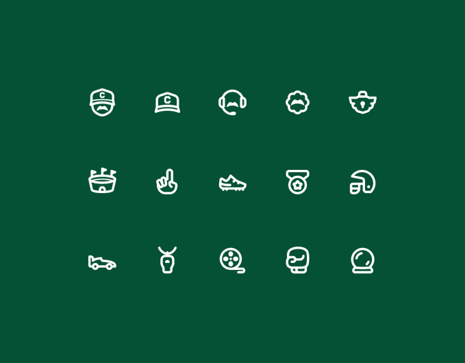 A collection of 15 white line-style custom icons arranged in a 3x5 grid on a dark green background, featuring designs including a baseball cap with "C", headphones, a flower, a potted plant, a hand gesture, a shoe, a medal, headphones, a car, a coffee cup, and various other symbols.

The image showcases the custom icon set designed for Turf Sports, as referenced in the accompanying post celebrating their integration with Polymarket.