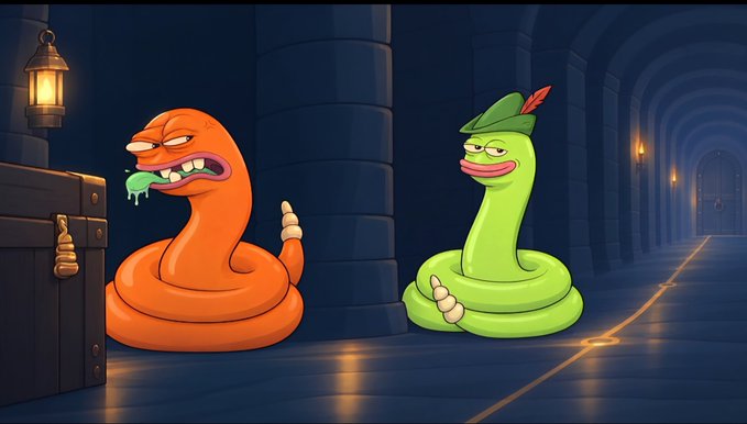 Two cartoon snakes—one orange and drooling, the other green wearing a Robin Hood-style hat—coil in a dimly lit dungeon hallway beside a wooden chest. The whimsical character designs reflect Antoine Mingo's signature art style, highlighting why his work stands out on the Slippy platform.