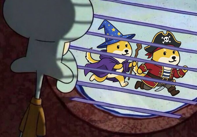 Two Shiba Inu cartoon mascots dressed as a wizard and a pirate run freely behind horizontal bars, while a Squidward silhouette peers through them from the left—visually echoing the "V3 beta testers" caption by portraying the testers as energetic creatures contained behind a barrier that onlookers like Squidward can only observe from outside.