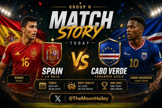 The image shows two soccer players wearing red and blue jerseys, with one player from Spain and the other from Cabo Verde. The text "Group H Match Story Today" is displayed above them, indicating that this is a match story for Group H. The text "Spain vs. Cabo Verde" suggests that the image is related to a soccer match between these two teams. The post also mentions that there are 100 people predicting the correct score of the match and that it ends in 8 hours.