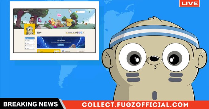 A news broadcast graphic features a cartoon character wearing a blue and white headband alongside the text 'BREAKING NEWS', 'LIVE', and 'COLLECT.FUGZOFFICIAL.COM', with a small inset showing a game interface.