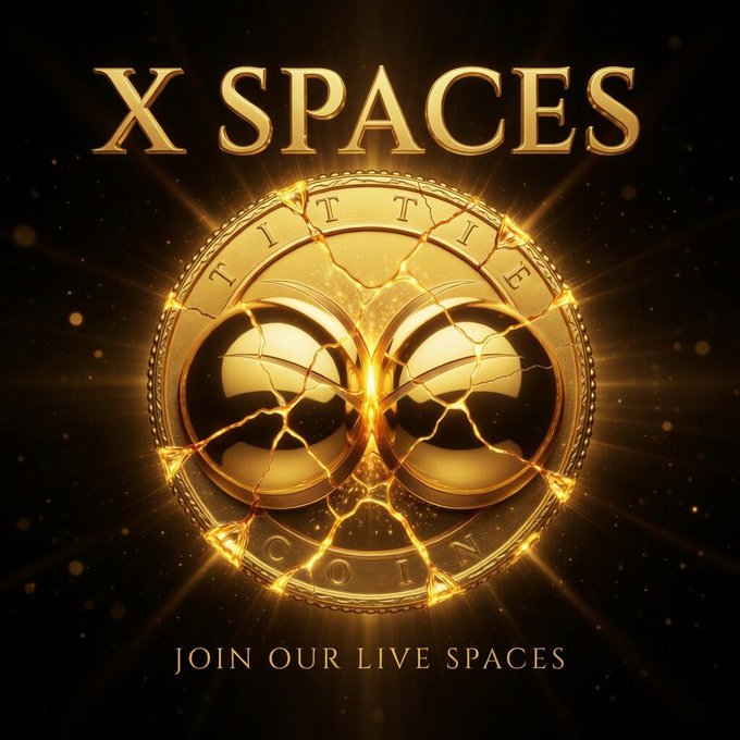Gold-themed graphic for 'X SPACES' featuring a cracked golden coin with an infinity-like symbol, with text 'JOIN OUR LIVE SPACES' at the bottom.