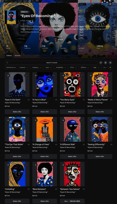 An NFT marketplace listing for the "Eyes Of Becoming" collection, displaying multiple digital art pieces with vibrant, surreal portraits featuring various eye designs, with options to make offers and filter by traits.