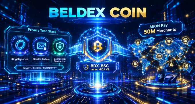 A futuristic Beldex Coin graphic highlights its privacy technology stack—Ring Signature, Stealth Address, Confidential Transaction, and RingCT/Stealth/Bulletproofs—alongside “BDX-BSC under MiCA V2.” It also features AEON Pay and “50M Merchants,” illustrating Beldex’s effort to connect privacy-focused crypto with real-world payment networks.