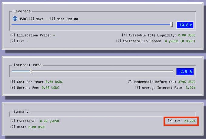 !"Some people would rather keep this quiet but yvUSD looping on Flex is still offering frontier APYs fixed rates, infinite term, instant liquidity available liquidity: - !380k USDC for 8.8% APR - !800k USDC for 15.8% APR". Focus on what it means in the image and how it relates to the post.