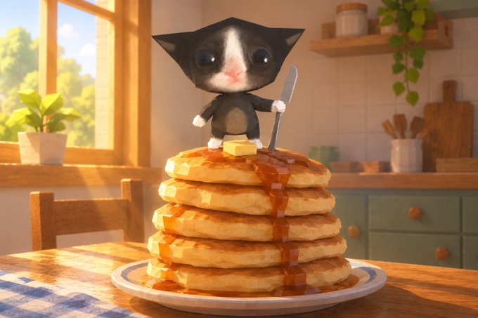 A 3D illustration featuring a cute, stylized black and white kitten character holding a butter knife, standing atop a tall stack of pancakes drizzled with syrup and topped with butter pats on a kitchen table.