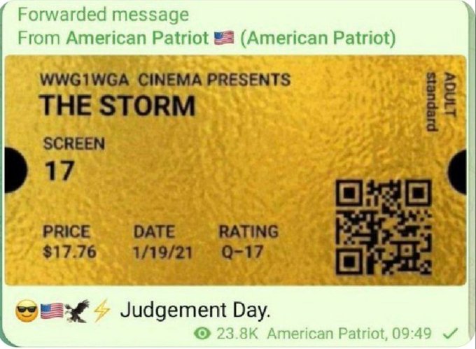 A forwarded message from 'American Patriot' showing a golden movie ticket to 'THE STORM' from 'WWG1WGA CINEMA' with the caption 'Judgement Day.'