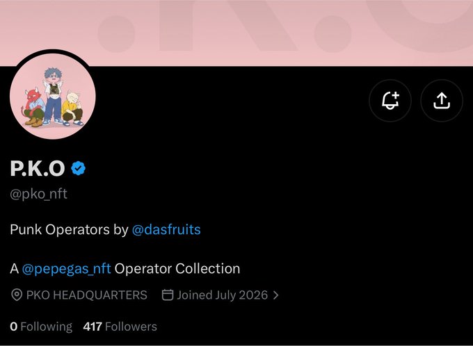 A Twitter/X profile page for "P.K.O" (@pko_nft), a verified NFT account describing itself as "Punk Operators by @dasfruits," a "@pepegas_nft Operator Collection" based at PKO Headquarters, showing 417 followers and joined July 2026.