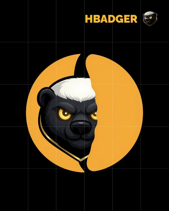 A digital logo featuring a stylized honey badger head with white hair, split vertically within an orange circular badge on a black grid background, labeled 'HBADGER' at the top.