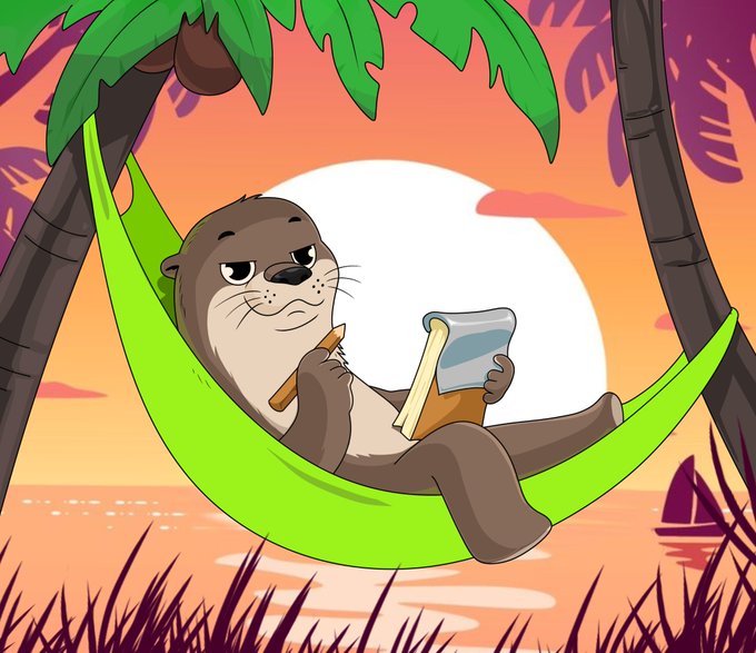 Cartoon-style artwork of an otter relaxing in a green hammock strung between palm trees at sunset, holding a drink with a small umbrella and reading a book.