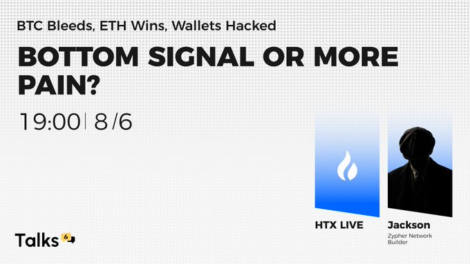 A promotional graphic for a Talks event titled 'BTC Bleeds, ETH Wins, Wallets Hacked - BOTTOM SIGNAL OR MORE PAIN?' at 19:00 on 8/6, featuring speakers HTX LIVE and Jackson from Zypher Network.