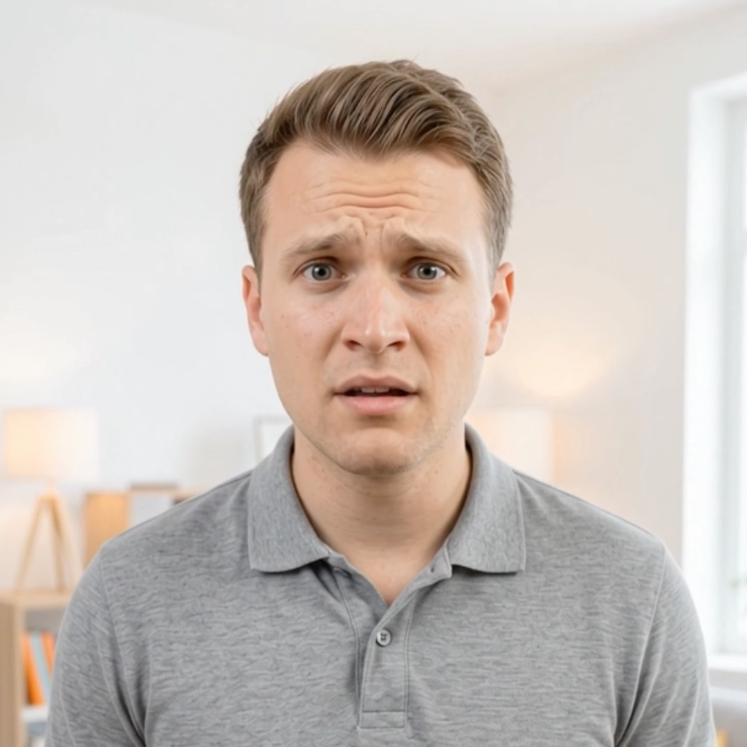A young man with a furrowed brow and confused, slightly distressed expression looks directly at the camera, wearing a gray polo shirt in a softly lit indoor setting. His puzzled look visually echoes the post's theme of "not so fast" expectations, conveying the surprise of discovering the TIFT leaderboard isn't over yet.
