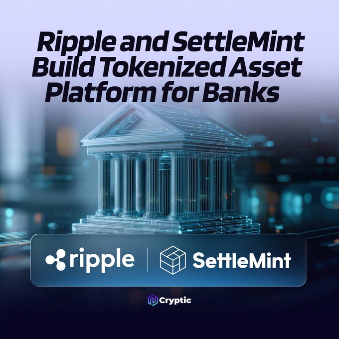 The image is a graphic with the headline "Ripple and SettleMint Build Tokenized Asset Platform for Banks," featuring a glowing, wireframe-style illustration of a classical bank building overlaid with digital grid patterns, alongside the logos of Ripple and SettleMint at the bottom, which visually reinforces the post's announcement of their collaboration to provide banks with an integrated solution for issuing, settling, and managing tokenized assets.