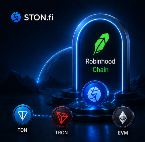 A promotional graphic for STON.fi featuring "Robinhood Chain" in a glowing blue archway, with logos for TON, TRON, and EVM networks displayed below against a dark cosmic background.