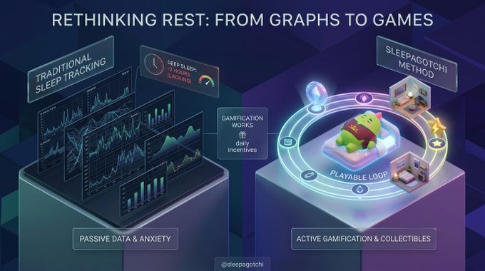 A presentation slide titled 'RETHINKING REST: FROM GRAPHS TO GAMES' comparing traditional sleep tracking (passive data & anxiety) with the Sleepagotchi method (active gamification & collectibles).
