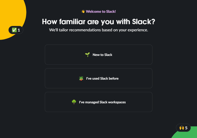 A Slack onboarding screen asks "How familiar are you with Slack?" with options "New to Slack," "I've used Slack before," and "I've managed Slack workspaces" — the latter aligning with the caption's nostalgic return by an experienced former user.
