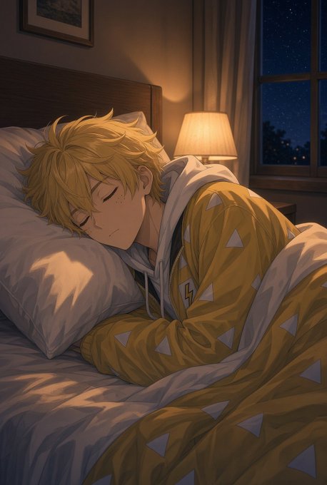 An anime-style illustration of a blonde-haired boy sleeping peacefully in bed, wrapped in a yellow patterned blanket, with a lit lamp and a starry night sky visible through the window.