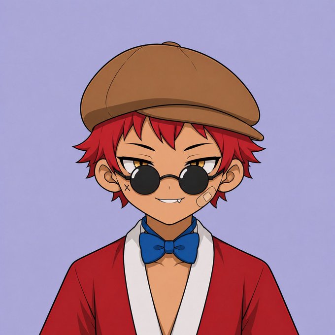 An anime-style chibi character with red hair, a brown flat cap, round black sunglasses, and a red jacket with a blue bow tie.