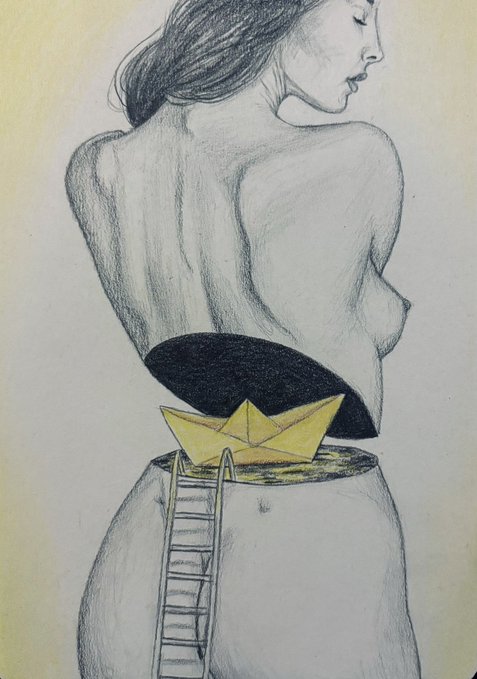 A pencil sketch depicts a woman's back, where a dark crescent shape reveals a hidden space containing a yellow paper boat on water, with a ladder leading down into it.
