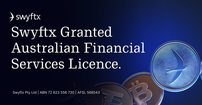 A promotional graphic featuring the Swyftx logo and the headline "Swyftx Granted Australian Financial Services Licence" against a dark blue background, accompanied by Bitcoin and Litecoin coin imagery and the text "Swyftx Pty Ltd | ABN 72 623 556 730 | AFSL 568543," visually reinforcing the company's announcement of receiving its Australian Financial Services Licence.