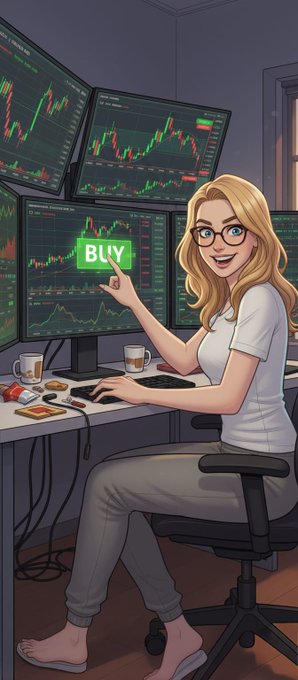The cartoon shows a smiling blonde woman at a multi-monitor trading setup displaying candlestick charts, holding up a glowing green "BUY" sign while pushing the "BUY" button on her keyboard—imagery that pairs with the post's call for a memecoin ticker to "do it today" by dramatizing the FOMO-driven impulse to ape into a coin immediately.