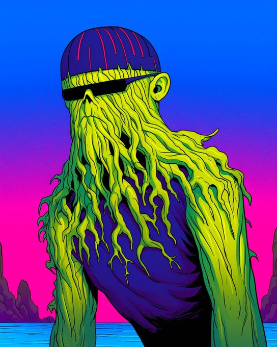 A vibrant, psychedelic digital illustration of a figure with a yellow beard-like mane wearing sunglasses and a purple beanie, against a neon pink and blue background.